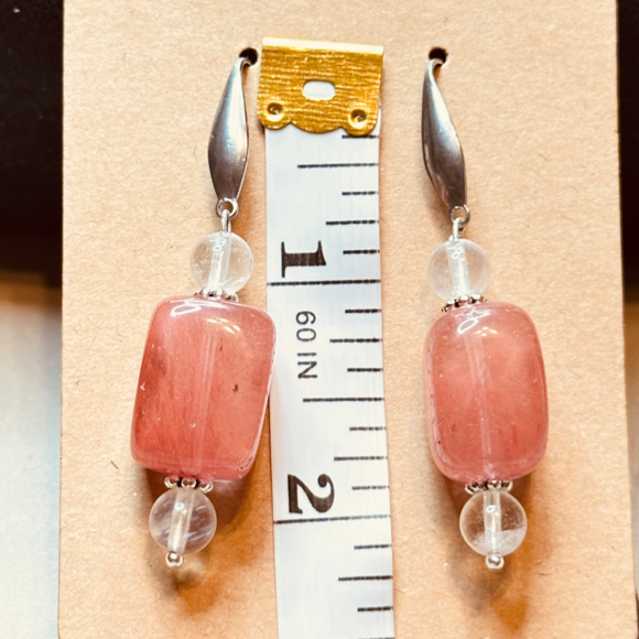 Stainless Steel Wide Hook Earrings Cherry Quartz & Clear Quartz Handmade - Picture 10 of 15